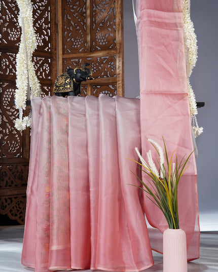 Soft organza saree with embroidered parrot motifs - Peach