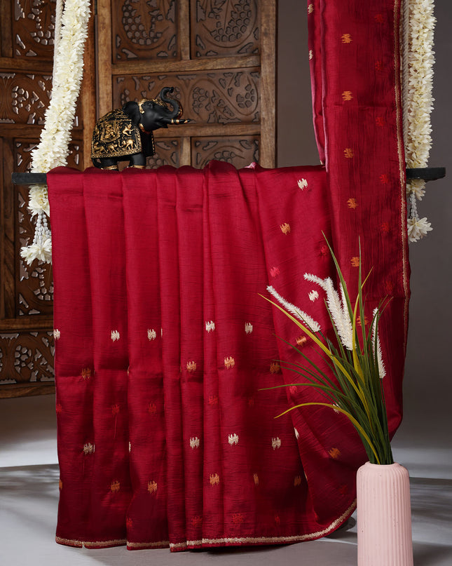 Dupion silk saree with thread butties and border - Maroon