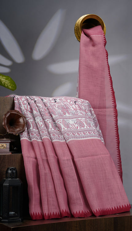 Lenin Silk Saree with Madhubani Print with Contrast Border- Maroon