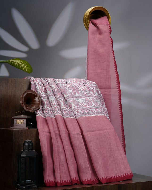 Lenin Silk Saree with Madhubani Print with Contrast Border- Maroon