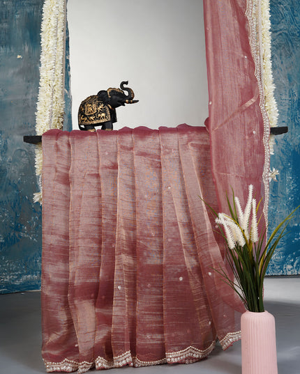 Crush tissue organza saree with sequence butties and scallop border - Maroon