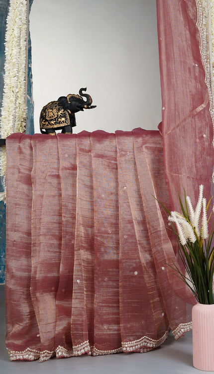 Crush tissue organza saree with sequence butties and scallop border - Maroon