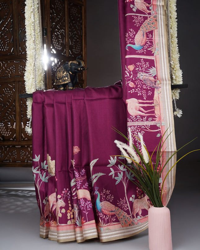 Tusser silk saree with digital print thread border - Wine