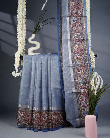 Tissue Kota Saree with Gold Butties and Contrast Floral Print Border- Grey