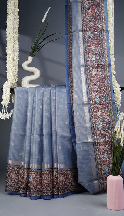Tissue Kota Saree with Gold Butties and Contrast Floral Print Border- Grey