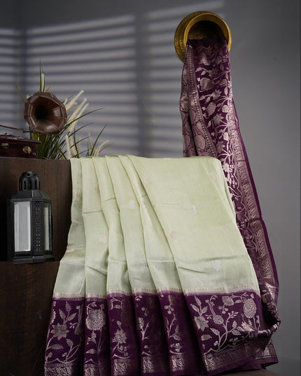 Chanderi Silk With Golden & Silver Zari Butties And Contrast Border - L Green