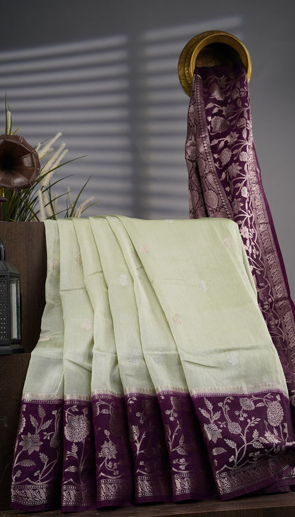 Chanderi Silk With Golden & Silver Zari Butties And Contrast Border - L Green