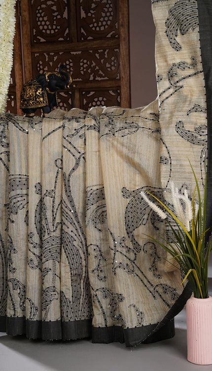 Tussar silk sarees  with knot and kantha work and  contracts  border - Beige