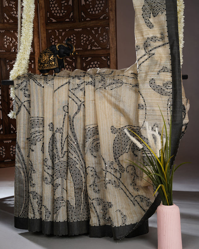 Tussar silk sarees  with knot and kantha work and  contracts  border - Beige