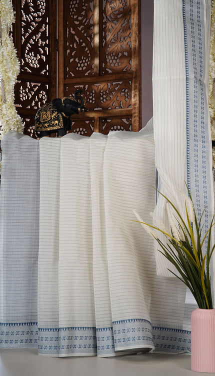 Cotton Handloom Saree with striped border - White