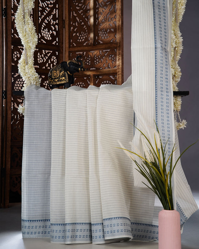 Cotton Handloom Saree with striped border - White