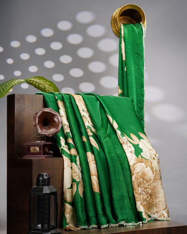Binny Crepe Saree Floral Print Scallop Border Kardhana Sequence Work - Green