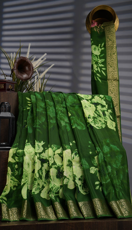 Binny Crepe Floral Print with Golden Zari Border- Green