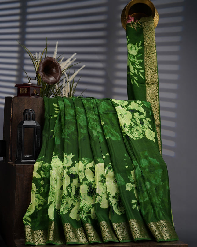 Binny Crepe Floral Print with Golden Zari Border- Green