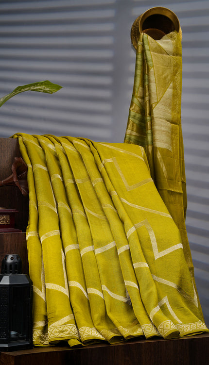 Munga Silk Saree With Gold Zari Border - Mehndi