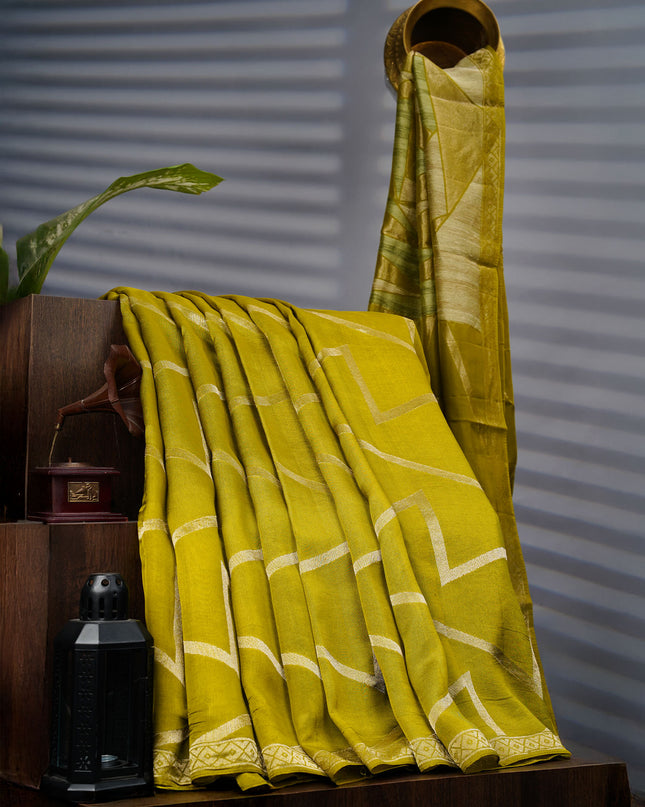 Munga Silk Saree With Gold Zari Border - Mehndi