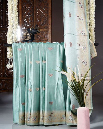 Banaras Silk saree with Meenakari Butties and Golden Zari Border- Sage Green