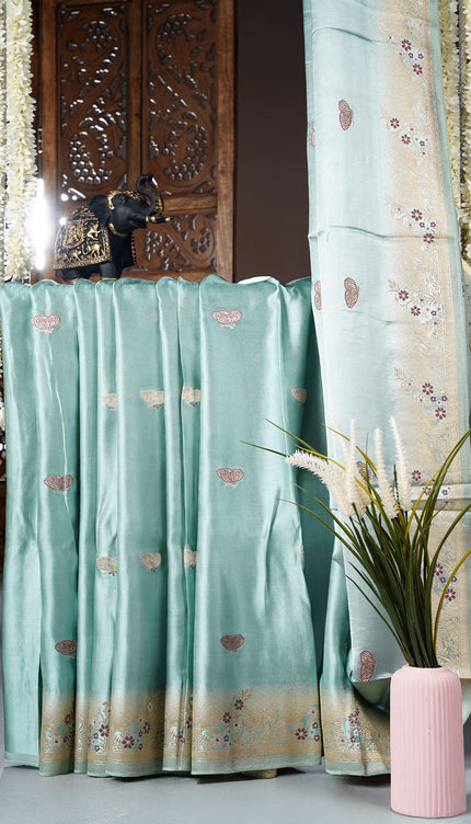 Banaras Silk saree with Meenakari Butties and Golden Zari Border- Sage Green