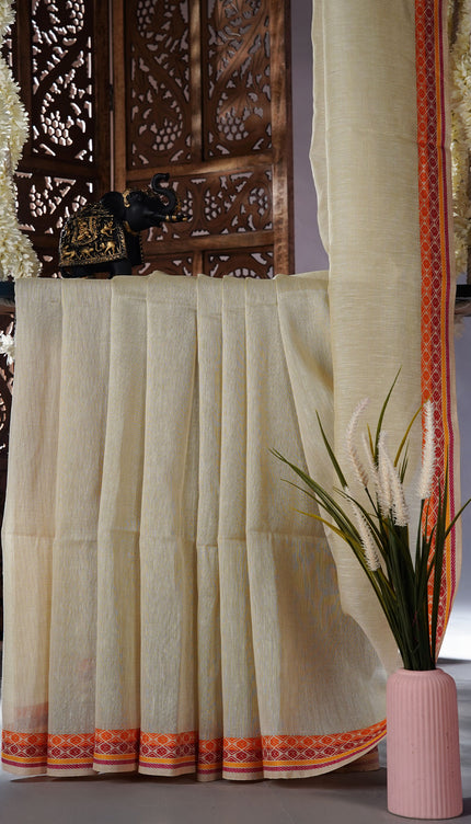 Mul cotton saree with stripes and contrast border - Cream