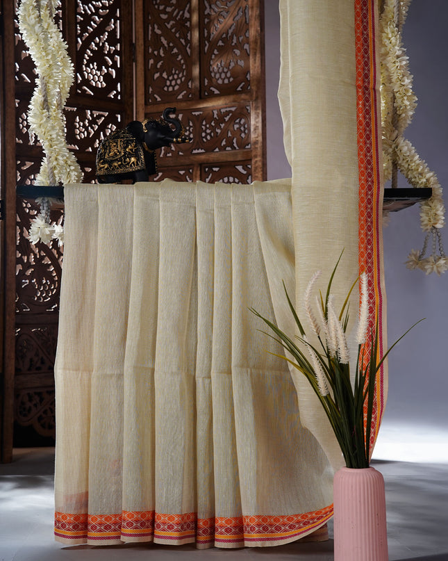 Mul cotton saree with stripes and contrast border - Cream