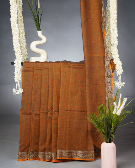 Handloom Cotton Saree with Thread Waving Borders - Brown