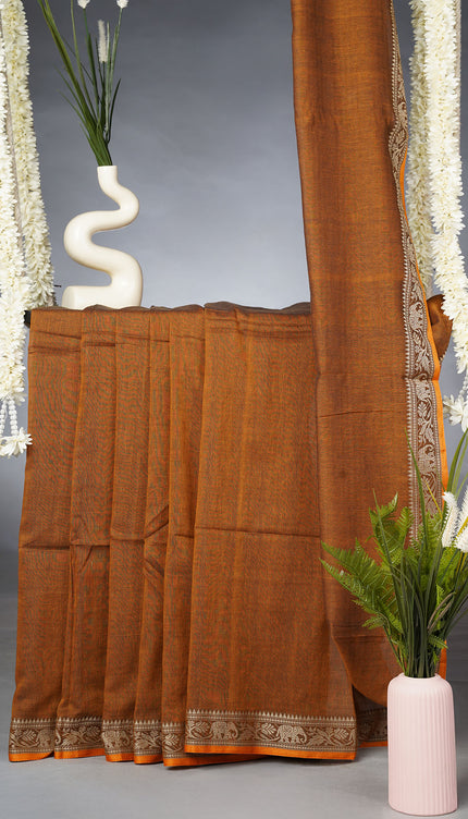 Handloom Cotton Saree with Thread Waving Borders - Brown