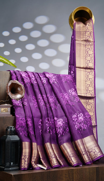 Binny Crepe Floral Print with Golden Zari Border- Voilet