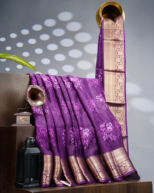 Binny Crepe Floral Print with Golden Zari Border- Voilet