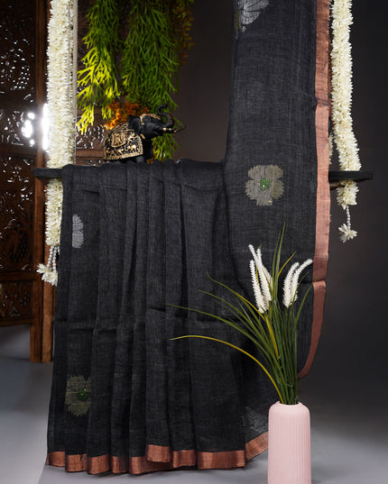 Lenin Cotton Saree with Gold and Silver Butties and Contrast Border- Grey