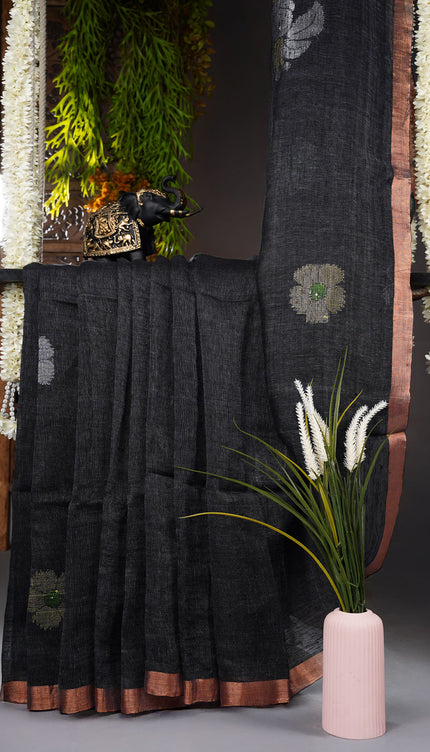 Lenin Cotton Saree with Gold and Silver Butties and Contrast Border- Grey