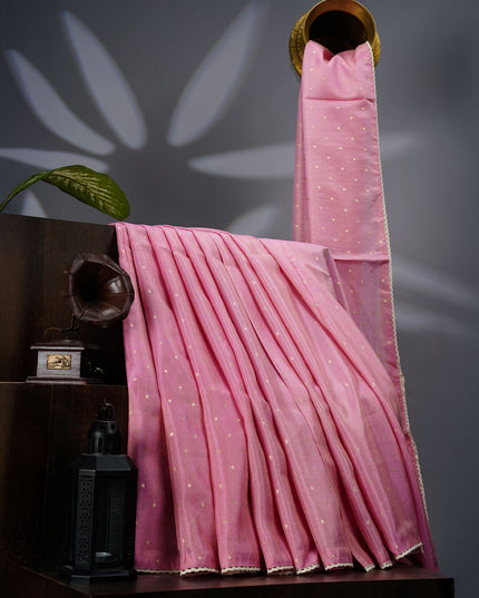 Tissue Crepe Saree with Golden Butties and Lace Border- Baby Pink