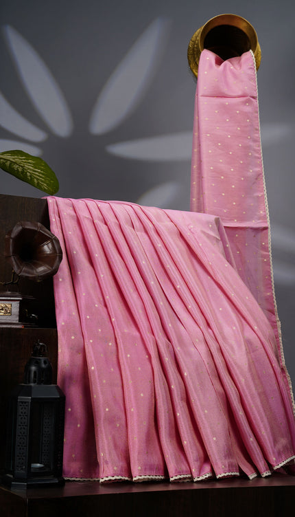 Tissue Crepe Saree with Golden Butties and Lace Border- Baby Pink