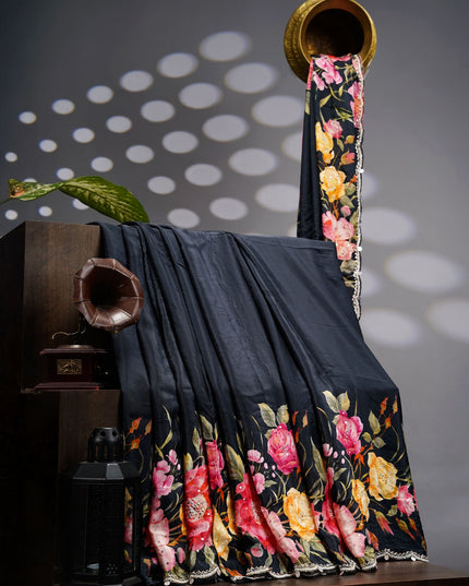 Crepe Saree With Floral Print Scallop Border Kardana Sequence Work - Black
