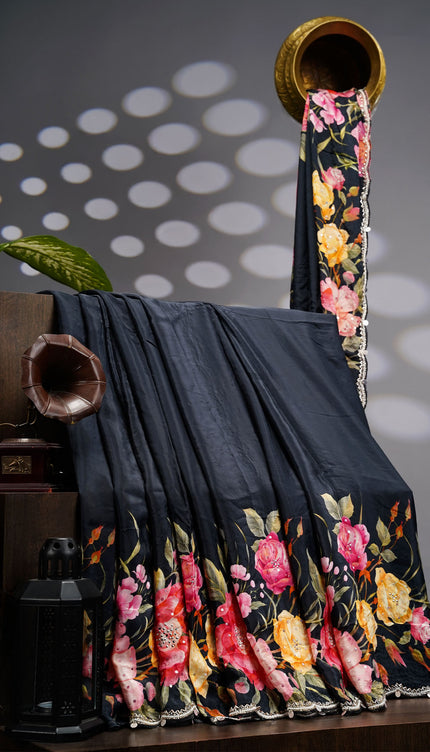 Crepe Saree With Floral Print Scallop Border Kardana Sequence Work - Black