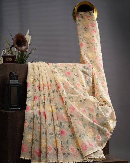 Tissue Linen Saree wWith Thread Embroidery with Lace Border - Cream