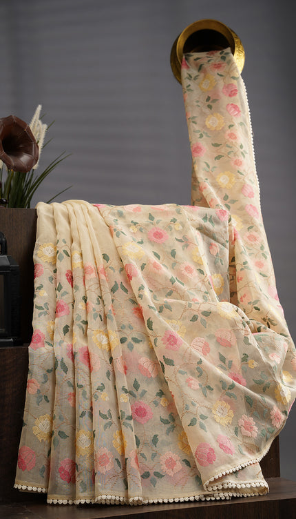 Tissue Linen Saree wWith Thread Embroidery with Lace Border - Cream