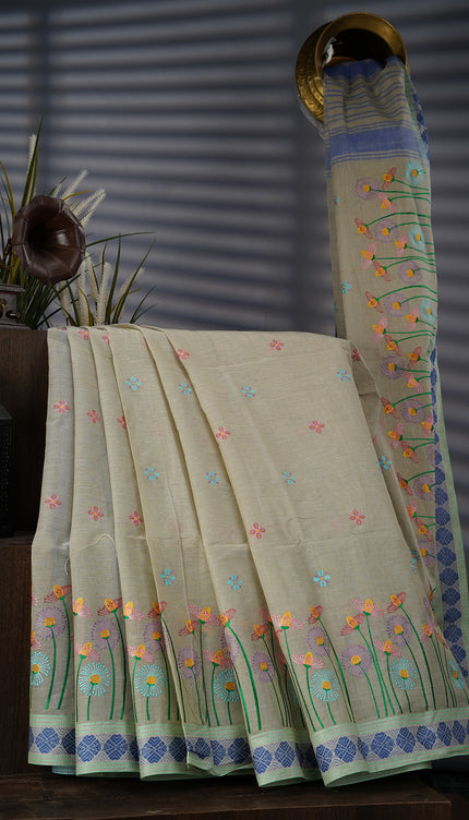 Handloom Cotton Saree With Thread Embroidery Butties Border - Grey