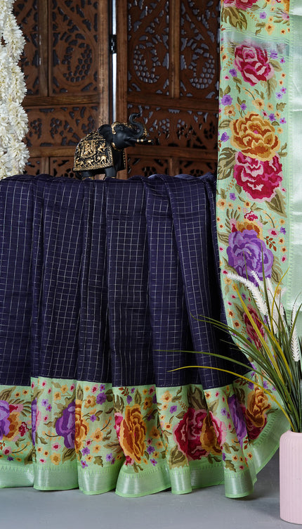 dola silk sarees with checks and floral print border - Mint Green