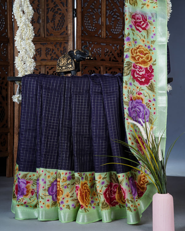 dola silk sarees with checks and floral print border - Mint Green