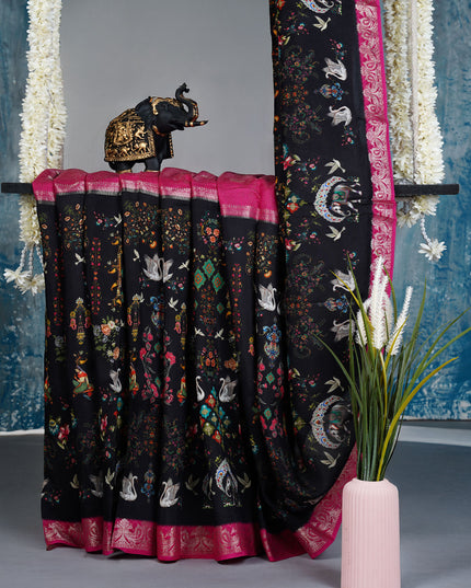 Munga Silk Saree With Digital  print and contrast border - Black & Pink