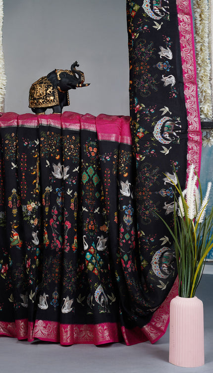 Munga Silk Saree With Digital  print and contrast border - Black & Pink