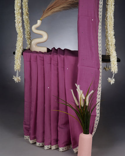 Mul Chanderi Saree With Mirror Work and Lace Border - Lavender