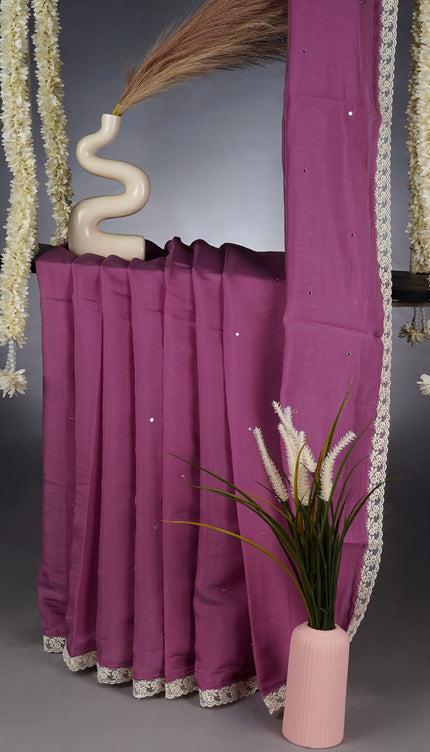Mul Chanderi Saree With Mirror Work and Lace Border - Lavender