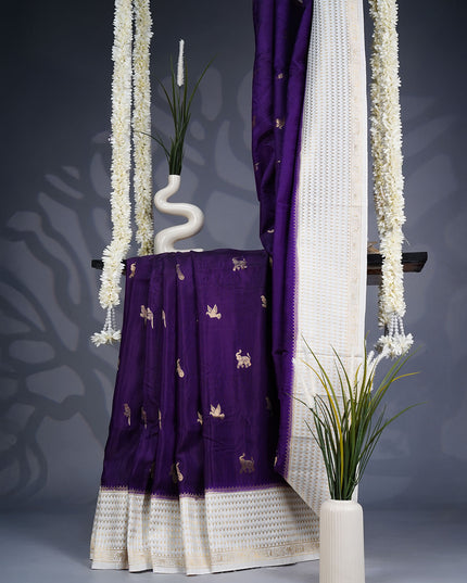 Dola Silk Saree with Golden Butties and Contrast Border- Violet
