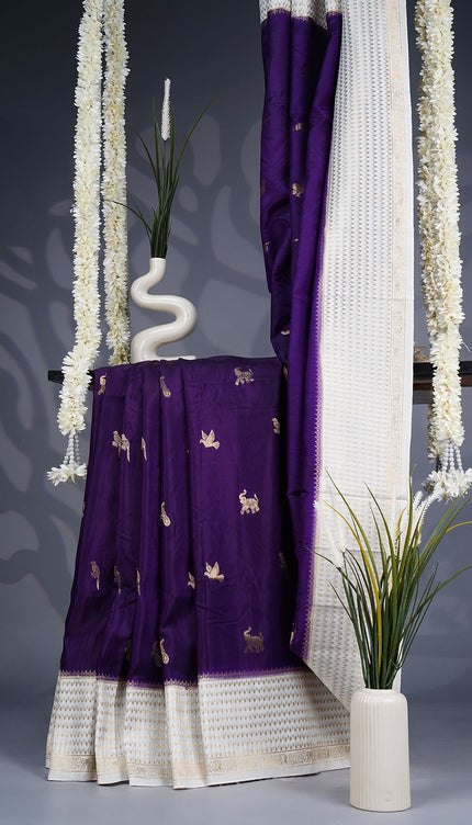 Dola Silk Saree with Golden Butties and Contrast Border- Violet