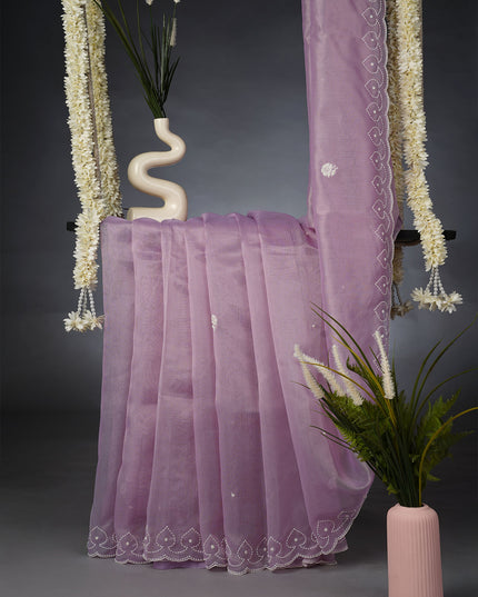 Tissue Linen Saree and Scallop Border and Peral Work - Lavender