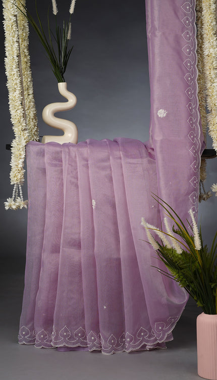 Tissue Linen Saree and Scallop Border and Peral Work - Lavender