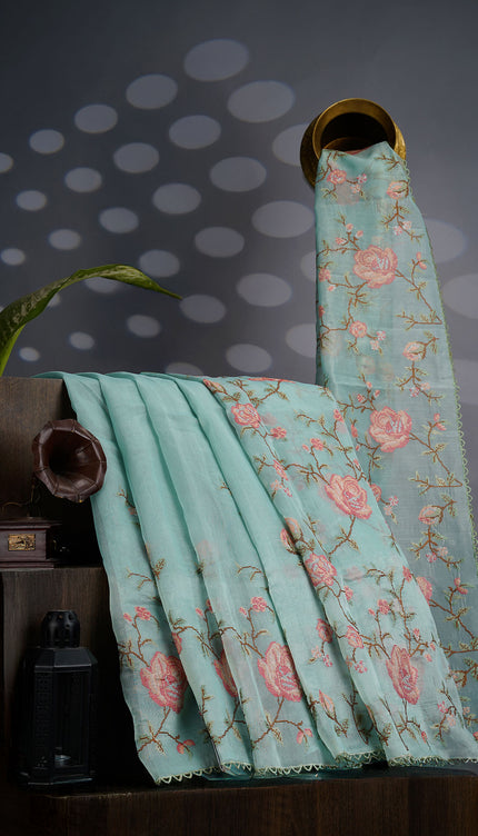 Tissue Lenin Saree with Thread Embroidery Work and Lace Border- Mint Blue