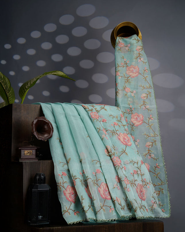 Tissue Lenin Saree with Thread Embroidery Work and Lace Border- Mint Blue