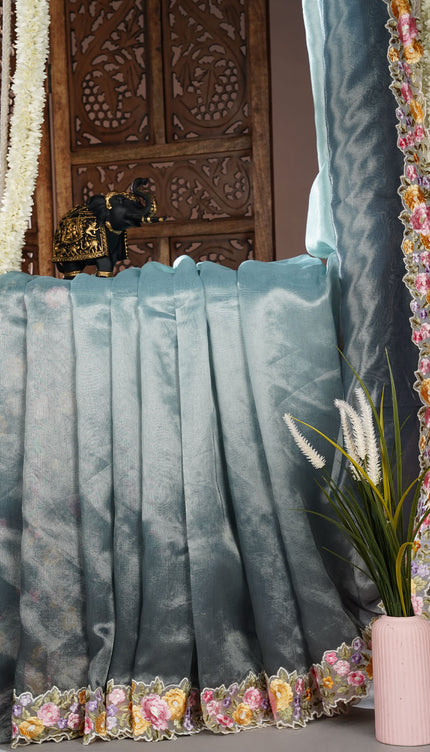 Tissue linen saree with kora thread work border - Green & Blue